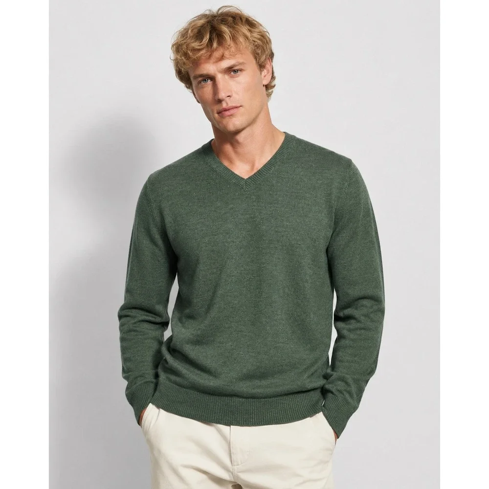 Banana Republic Mens Extra Fine Merino Wool V-Neck Sweater Green Large RN54023